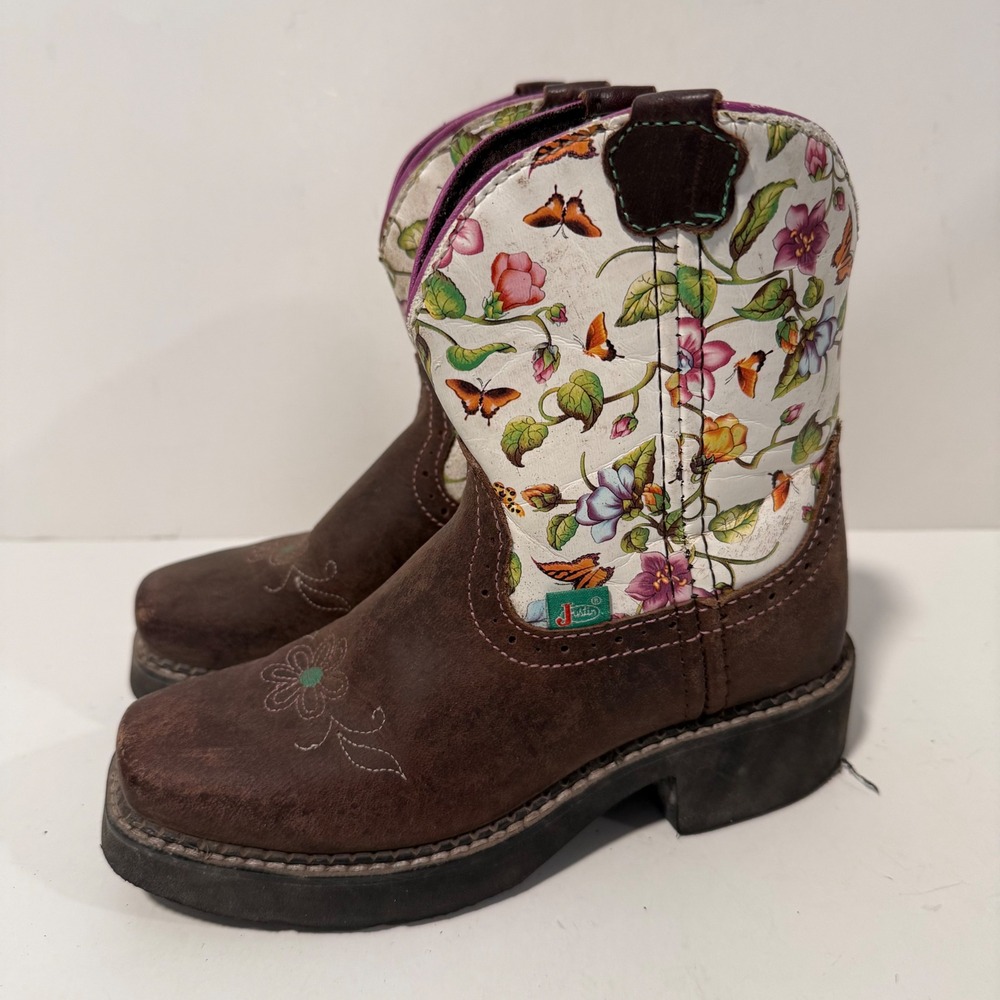 Justin Kids Gypsy Western Boots 12.5 D Brown Floral Butterfly Square Toe 9201JR